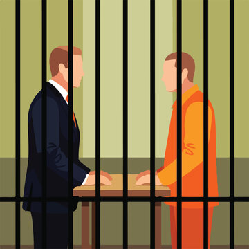 A lawyer in a suit meets with an inmate in orange prison clothes behind bars