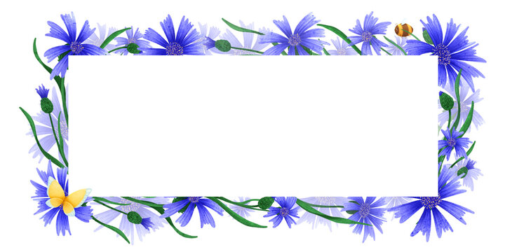 Rectangular frame template with blue cornflowers. The watercolor wildflowers are hand drawn in a simple, childlike style for birthday and wedding cards, packaging