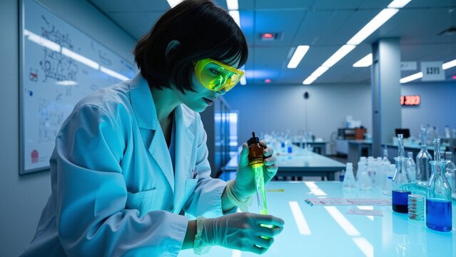A scientist working in a laboratory, conducting chemical experiments. She's wearing safety goggles and gloves while using a microscope and analyzing substances.