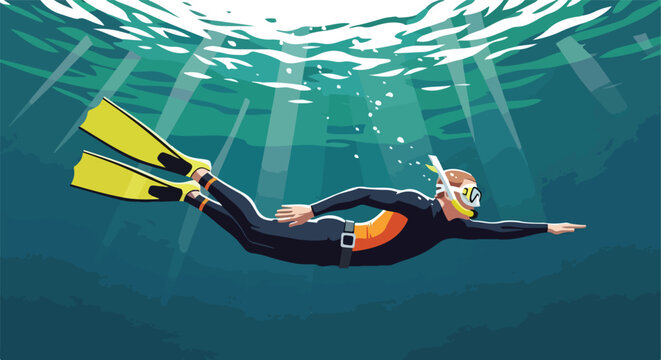 Illustration of a scuba diver wearing yellow flippers swimming under water