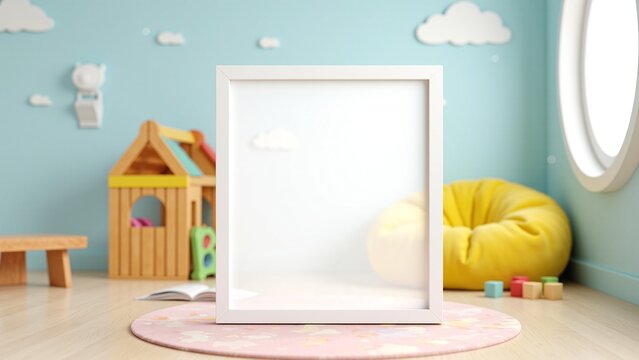 An empty picture frame on a wall in a child's playroom. The frame is simple and classic, suitable for any room.