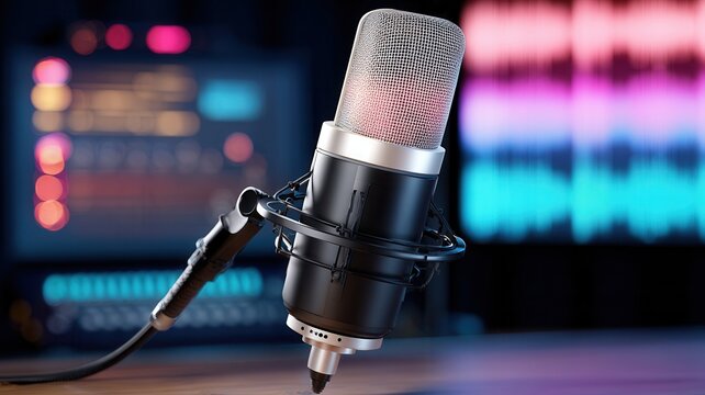 Condenser studio microphone picking up sound, recording audio, broadcasting or podcasting with mixer and interface waveform