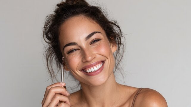 Young woman showing genuine smile and white teeth, radiating happiness, beauty, and skin positive care natural