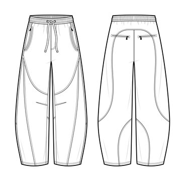 Sculpted multi panel Barrel Leg Pants Fashion Illustration. Unisex Trousers Vector Template. Front and Back View. Elastic Waist Drawstring. Curved Panel Seams. Relaxed Fit. CAD Mockup Set.
