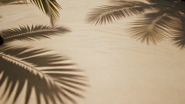 Palm tree shadows fall on a serene sandy beach at sunset with leaves and tropical plants in the foreground and a calm sea in the background.