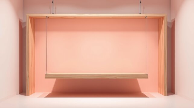 Minimalist interior. Wooden swing suspended within recessed wall niche. Soft pink hues dominate composition. Clean lines, simple geometry.