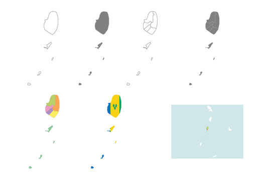 Professional vector map set of Saint Vincent and the Grenadines, including flag, administrative districts, silhouettes, and regional location.