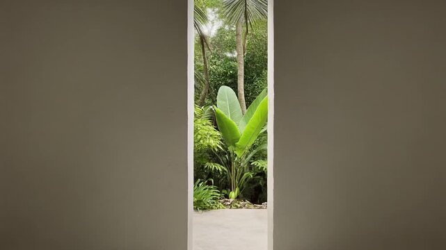 A serene view through a doorway reveals lush green plants, including a large leafy plant, thriving in a tropical garden with natural sunlight filtering through the trees and foliage.