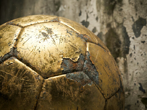 Worn golden soccer ball closeup with peeling paint and rust grunge soccer ball, gold soccer ball