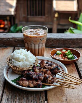 Thai moo ping, grilled pork with sticky rice