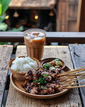 Thai moo ping, grilled pork with sticky rice