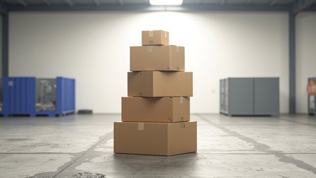 Three cardboard boxes stacked up in a shipping and receiving area.