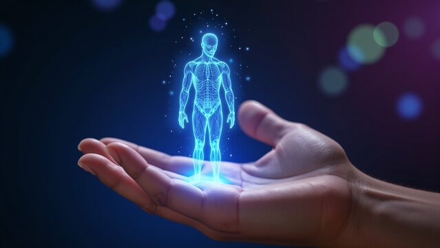 Human hands with glowing blue lights forming a 3D illuminated model of a human torso and head.