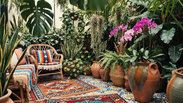 A serene outdoor seating area surrounded by lush green plants and vibrant pink flowers in terracotta pots on a colorful rug with a wicker chair.
