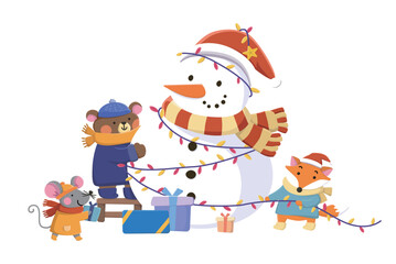 Naklejka premium christmas animals and snowman illustration