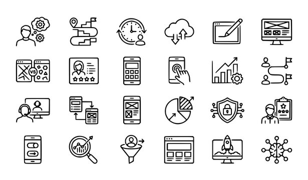 
Business and Analytics Icons Set Featuring Data, Cloud, Marketing, and Security Tools in Vector Style