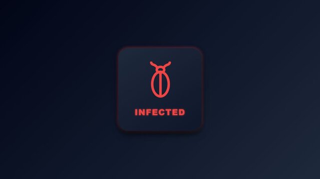 Red neon infected warning message with beetle icon on dark software interface button representing cyber security breach