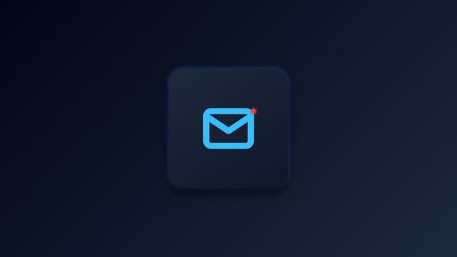 Modern dark interface button with blue neon email envelope icon and red alert dot for digital communication