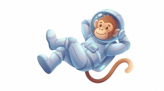 Cartoon monkey astronaut smiling and floating relaxed in a space suit