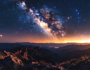 Obraz premium A breathtaking panoramic view captures the Milky Way galaxy arching over a rugged mountain range at twilight, showcasing a stunning display of celestial beauty.