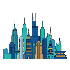 Obraz premium Modern Cityscape Skyline with Tall Buildings and Tower in Blue and Teal Tones