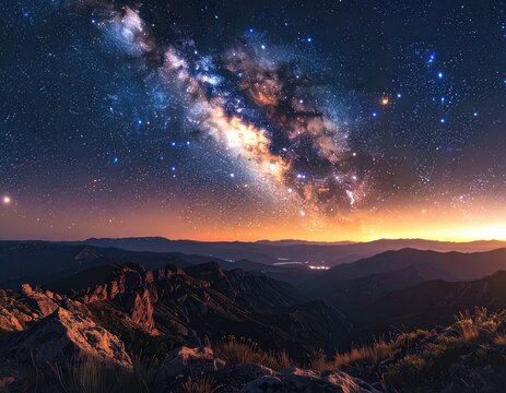 A breathtaking panoramic view captures the Milky Way galaxy arching over a rugged mountain range at twilight, showcasing a stunning display of celestial beauty.