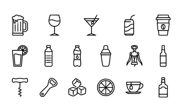 Collection of Drink and Beverage Icons Featuring Glasses, Bottles, Cups, and Bar Tools in Vector Style