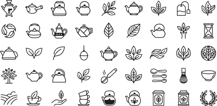 Set of 36 outline icons depicting various tea related objects and leaves on a white background.