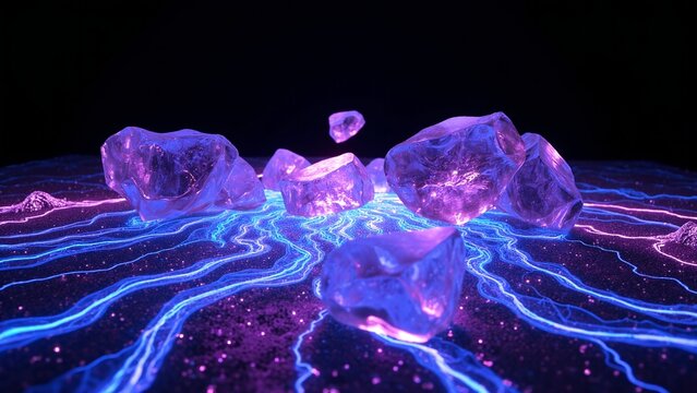 Colorful glowing ice crystals illuminated by blue light, creating an intricate pattern on a dark background.