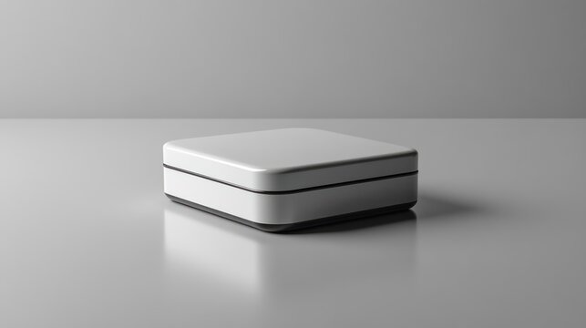 Blank White Square Tin Box on a Reflective Surface