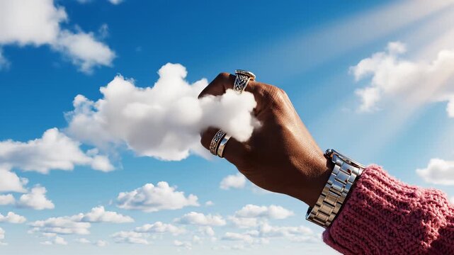 Creative hand reaching for clouds in bright blue sky. Unique perspective captures playful interaction with nature. Joyful atmosphere enhances artistic expression.