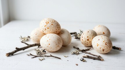 Obraz premium Group six white eggs orange speckles scattered surface Beautiful Easter