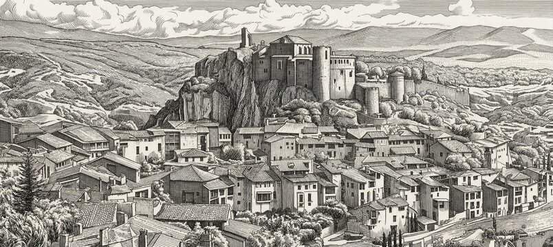 Classic engraving of Alquezar (Alquezar) in Aragon, Spain. View of the Collegiate Church of Santa Maria Mayor and the medieval village nestled in the mountains.