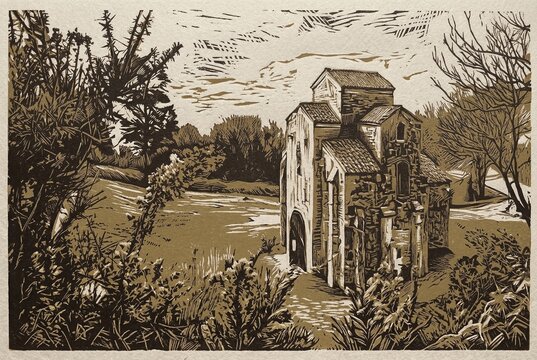 Two-color linocut of Santa Maria de Naranco (Santa Maria del Naranco) in Oviedo, Asturias, Spain. This medieval pre-romanesque building stands amidst a rural landscape.