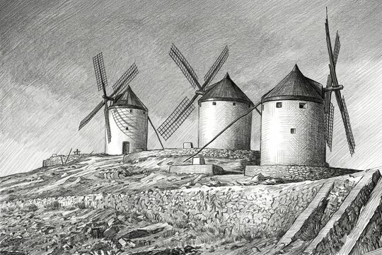 Pencil drawing of historic windmills (Molinos de viento) on a hill in Consuegra Spain. Traditional Spanish rural architecture and cultural landscape sketch.
