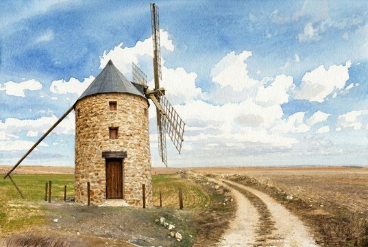 Watercolor painting of a stone windmill (Molino de viento) in Castile-La Mancha, Spain, showing a traditional rural scene with a dirt road and fields.