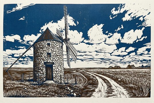 Two-color linocut of a traditional windmill (molino de viento) in Consuegra, Castilla La Mancha, Spain. Rural landscape with road, fields and cloudy sky.