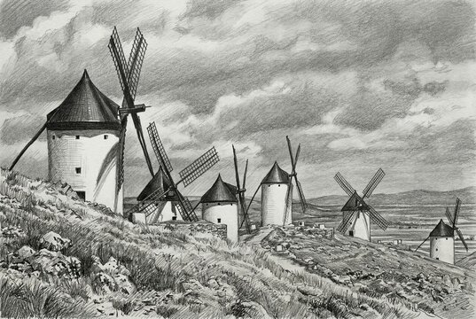 Pencil drawing of the historic windmills of Consuegra (Molinos de viento de Consuegra) on a hill in Castile-La Mancha, Spain.
