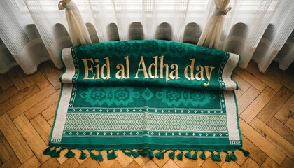 Naklejka premium Eid al Adha celebration banner on traditional green Islamic prayer mat with tassels on wooden floor