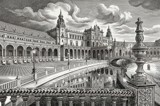 Classic engraving of Plaza de Espana (Plaza de Espana) in Seville, Spain. View of the semicircular palace, canal with reflection, and bridge with distant people.