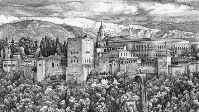 Detailed pencil drawing of the Alhambra (La Alhambra) complex in Granada, Spain, featuring the Comares Tower and Palace of Charles V against Sierra Nevada mountains.