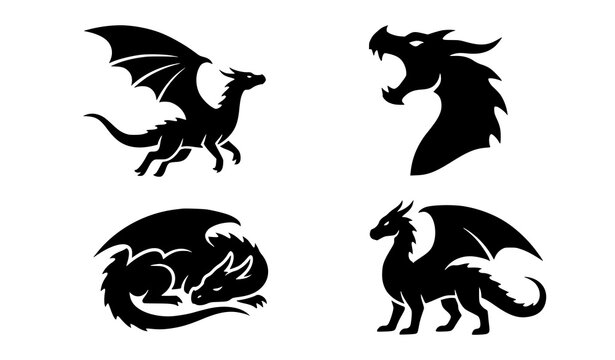 Silhouette Dragon Icon Set Featuring Various Poses and Styles with Wings, Roaring, and Sleeping Dragons