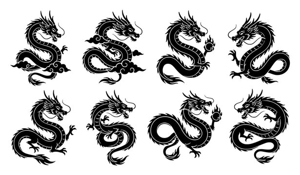 Hand-drawn Dragon Icon Set Featuring Various Styles and Poses in Black and White for Fantasy and Mythology Illustrations
