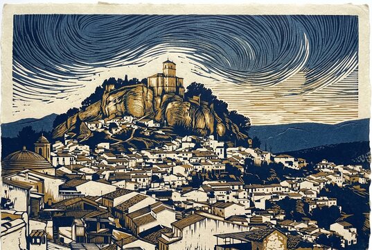 Two-color linocut of Olvera in Spain. Features the Parish Church of Nuestra Senora de la Encarnacion (Parroquia de Nuestra Senora de la Encarnacion) and the castle.