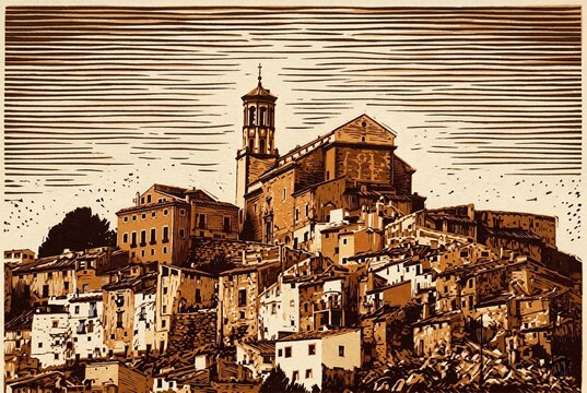 Two-color linocut of Cuenca, Spain, featuring the Cathedral of Saint Mary and Saint Julian (Catedral de Santa Maria y San Julian) and historic hillside houses.