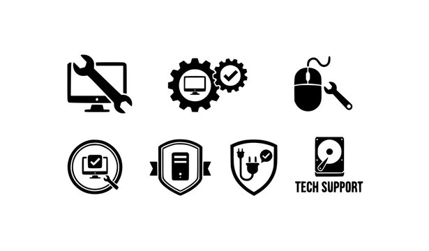 Tech Support and IT Service Icons Set Including Computer Repair, Shield, Tools, and Service Assistance Graphics