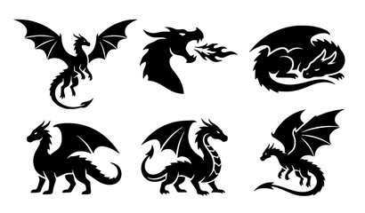 Dragon Silhouettes Illustration Set Featuring Flying, Breathing Fire, and Resting Dragons in Black © Kulsum