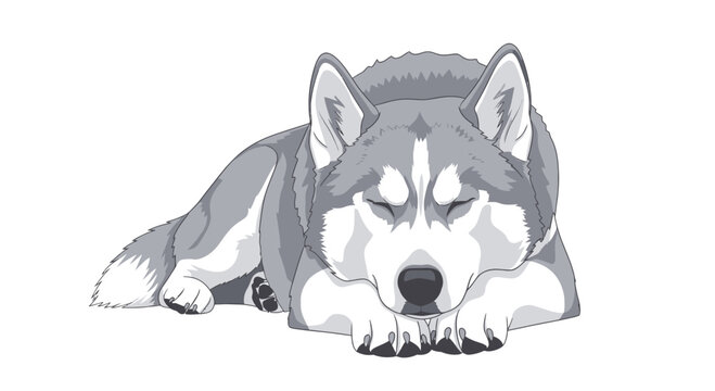 Sleeping Husky Dog, Cute Wolf Dog Resting, Peaceful Animal Illustration