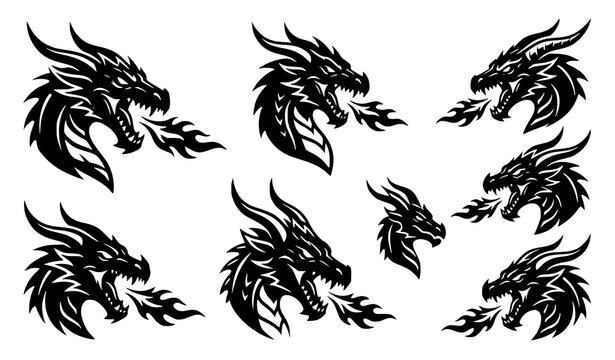 Dragon Head Silhouettes Set Featuring Fire-Breathing Designs in Black and White