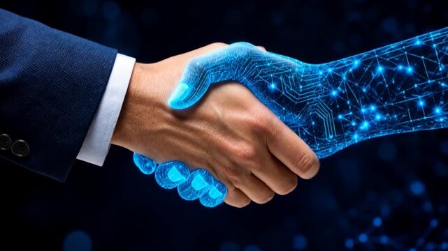 Hand shaking between human and digital hand, integration between human and artificial intelligence.
